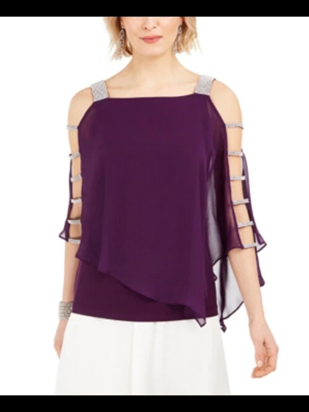 Roz & Ali Deep Purple Cold-Shoulder Chiffon Blouse with Beaded Straps